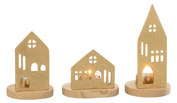 Set 3ks svietnik domček na čajovú sviečku House gold - 9*9*19 cm - J-Line by Jolipa