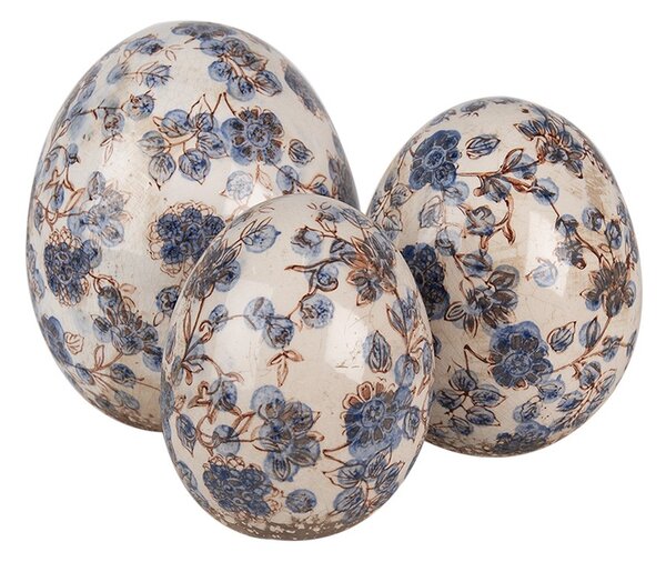 Dekorácia socha vajíčko s modrými kvetmi Blusia M - Ø 11*14 cm - Clayre & Eef