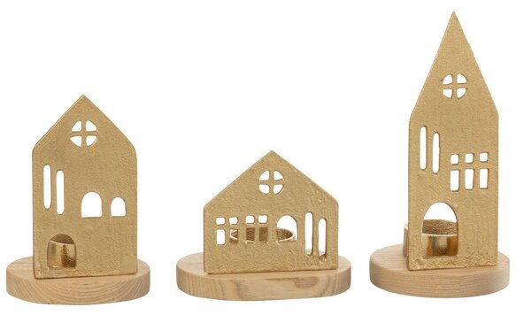 Set 3ks svietnik domček na čajovú sviečku House gold - 9*9*19 cm - J-Line by Jolipa