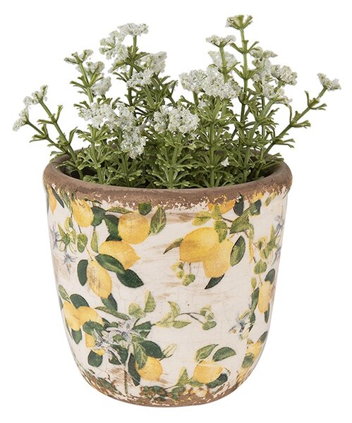 Béžový keramický obal na kvetináč s citrónmi Lemons XS - Ø 11*10 cm - Clayre & Eef