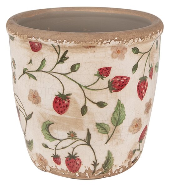 Béžový keramický obal na kvetináč s jahôdkami Wild Strawberries S - Ø 14*13 cm - Clayre & Eef