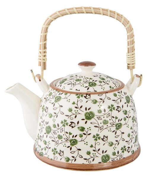 Porcelánová kanvička so sitkom a zelenými kvetmi - 18*14*12 cm / 700 ml - Clayre & Eef