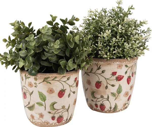 Béžový keramický obal na kvetináč s jahôdkami Wild Strawberries S - Ø 14*13 cm - Clayre & Eef