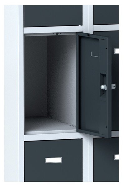 Šatníková skrinka S6 s úložnými boxami, 12 boxov, 1800 x 900 x 500 mm, cylindrický zámok, modré dvere
