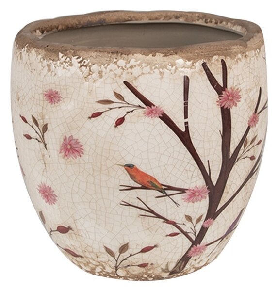 Béžový keramický obal na kvetináč s kvetmi a vtáčikmi Birdie M - Ø 14*14 cm - Clayre & Eef