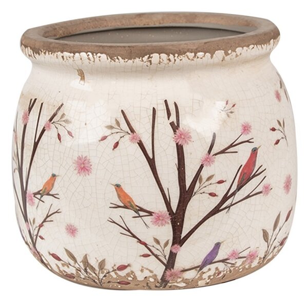 Béžový keramický obal na kvetináč s kvetmi a vtáčikmi Birdie M - Ø 16*13 cm - Clayre & Eef