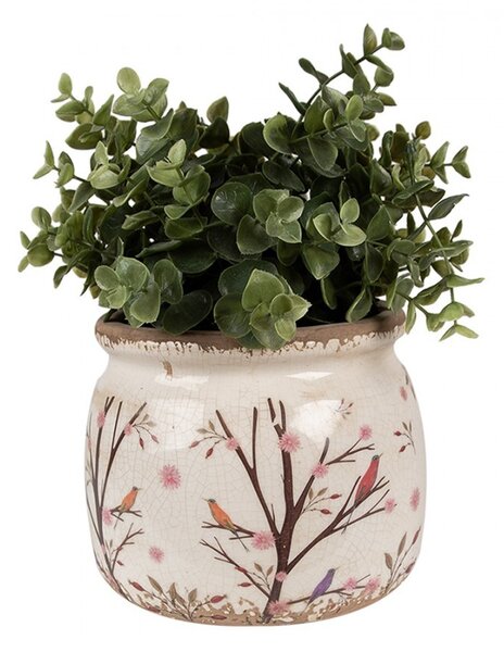 Béžový keramický obal na kvetináč s kvetmi a vtáčikmi Birdie M - Ø 16*13 cm - Clayre & Eef