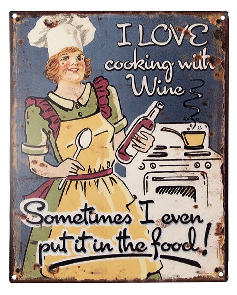 Nástenná kovová ceduľa I Love Cooking With Wine - 20*1*25 cm - Clayre & Eef