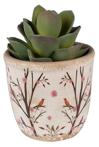 Béžový keramický obal na kvetináč s kvetmi a vtáčikmi Birdie XS - Ø 11*10 cm - Clayre & Eef