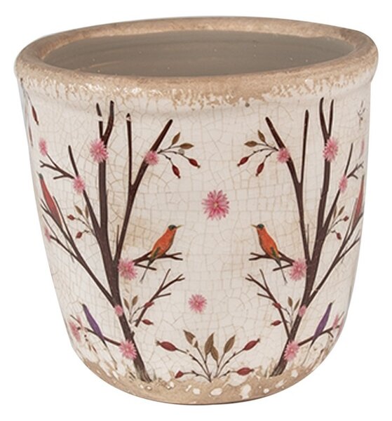 Béžový keramický obal na kvetináč s kvetmi a vtáčikmi Birdie XS - Ø 11*10 cm - Clayre & Eef