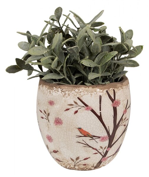 Béžový keramický obal na kvetináč s kvetmi a vtáčikmi Birdie M - Ø 14*14 cm - Clayre & Eef