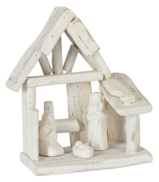 Biely drevený Betlehem s porcelánovými postavičkami - 16*10*19 cm - J-Line by Jolipa