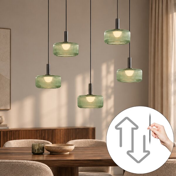 Fiera Designer Pendant Lamp: Gunmetal Finish with Green Glass, Integrated LED, 3-Step Dimmable, 5-Light Easylift