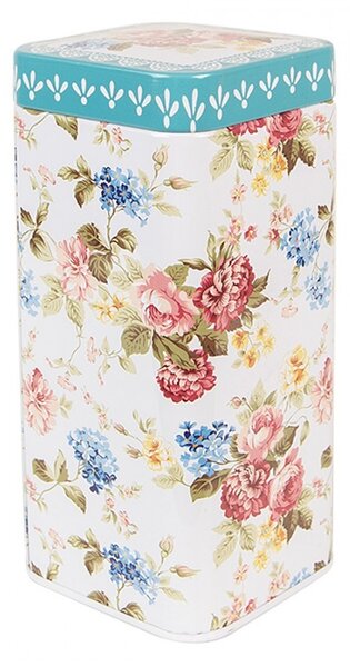 Biela plechová dóza s vekom a kvetmi - 7*7*15 cm - Clayre & Eef