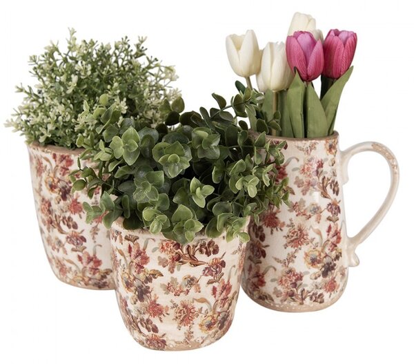 Béžový keramický obal na kvetináč s kvetmi Flovia S - Ø 11*11 cm - Clayre & Eef