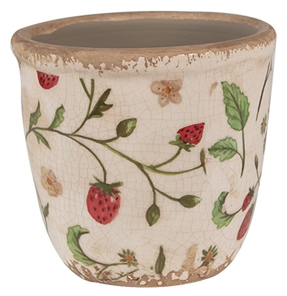 Béžový keramický obal na kvetináč s jahôdkami Wild Strawberries XS - Ø 11*10 cm - Clayre & Eef