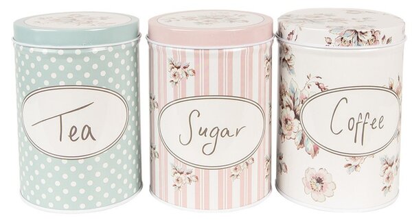 3ks plechová dóza s vekom a kvetmi Tea Sugar Coffee - Ø 8*12 cm - Clayre & Eef