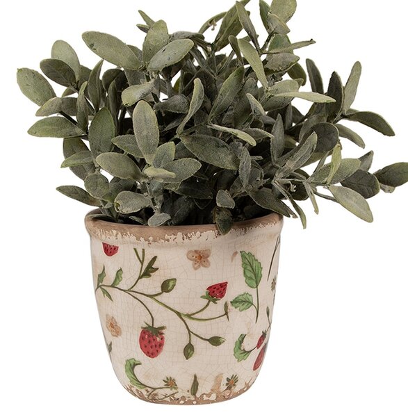 Béžový keramický obal na kvetináč s jahôdkami Wild Strawberries XS - Ø 11*10 cm - Clayre & Eef
