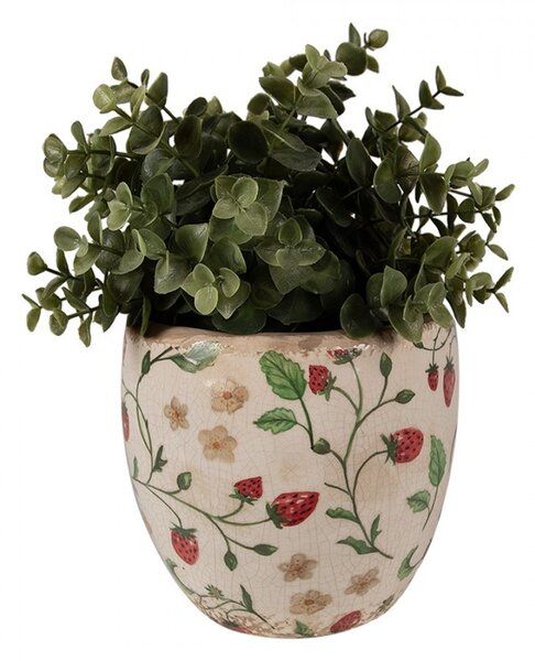 Béžový keramický obal na kvetináč s jahôdkami Wild Strawberries S - Ø 13*11 cm - Clayre & Eef
