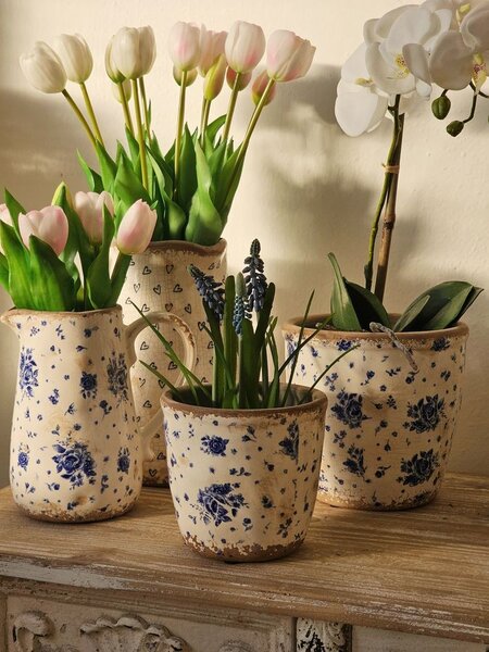 Béžový keramický džbán s modrými ružami Rose blue - 16*12*18 cm - Clayre & Eef