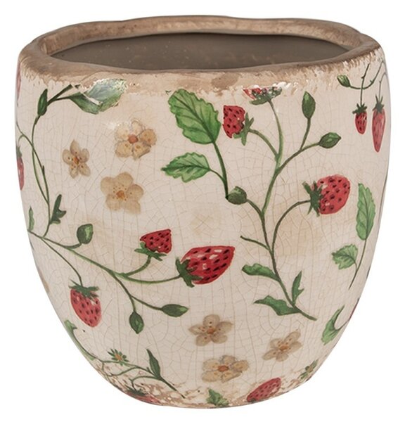 Béžový keramický obal na kvetináč s jahôdkami Wild Strawberries S - Ø 13*11 cm - Clayre & Eef