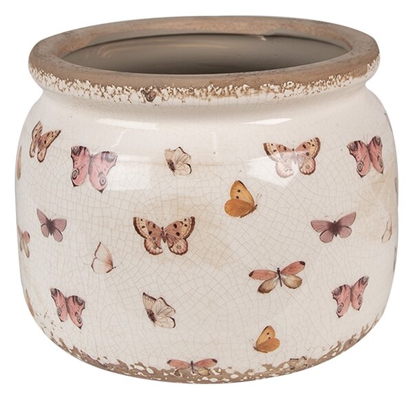 Béžový antik obal na kvetináč s motýlikmi Butterfly Paradise L - Ø 20*15 cm - Clayre & Eef