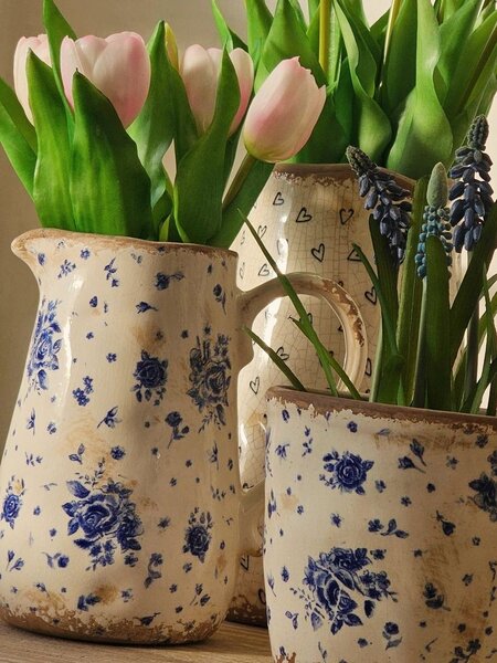 Béžový keramický džbán s modrými ružami Rose blue - 16*12*18 cm - Clayre & Eef