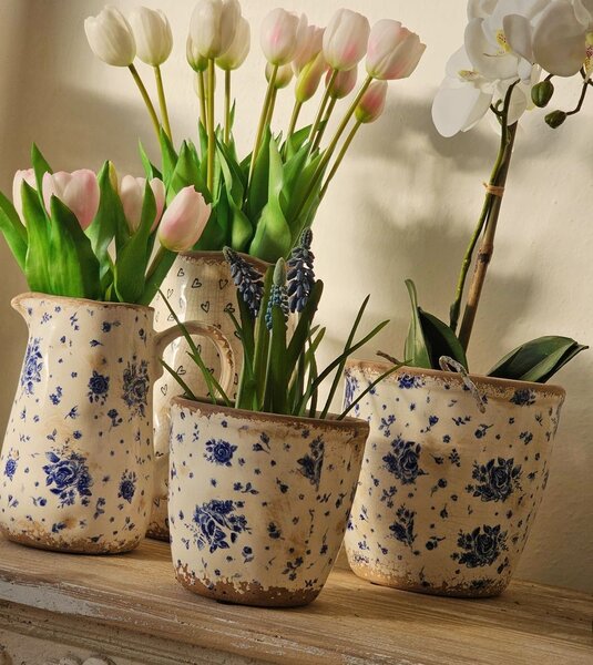 Béžový keramický džbán s modrými ružami Rose blue - 16*12*18 cm - Clayre & Eef