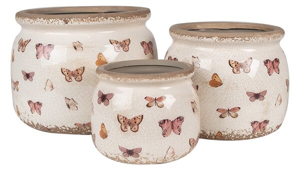 Béžový antik obal na kvetináč s motýlikmi Butterfly Paradise L - Ø 20*15 cm - Clayre & Eef