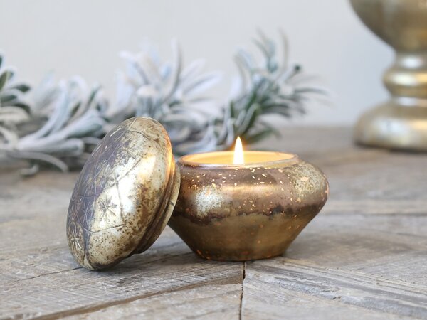 Strieborno-medená antik sklenená dóza s voňajúcou sviečkou - Ø 9*9 cm / 9h - Chic Antique