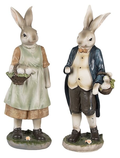 Dekorácia zajačik v modrom kabáte s košíkom vajíčok - 9*7*25 cm - Clayre & Eef
