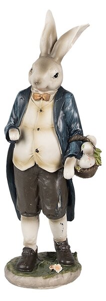 Dekorácia zajačik v modrom kabáte s košíkom vajíčok - 9*7*25 cm - Clayre & Eef