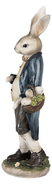 Dekorácia zajačik v modrom kabáte s košíkom vajíčok - 9*7*25 cm - Clayre & Eef