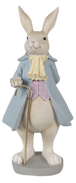 Dekorácia zajačik v modrom kabáte so zlatou paličkou - 12*9*26 cm - Clayre & Eef