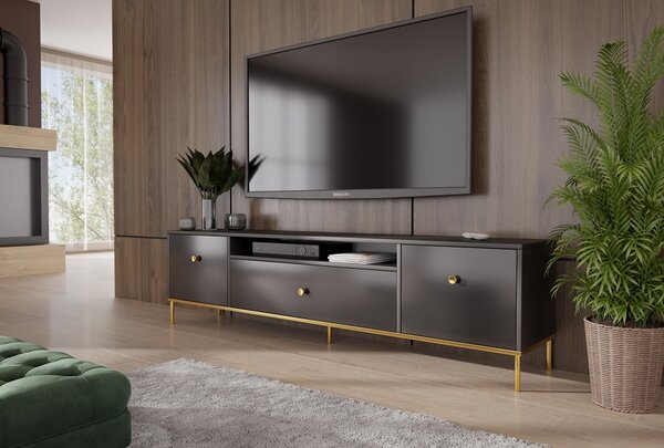 TV stolík s úložným priestorom Mell 180 cm - čierna / zlatá