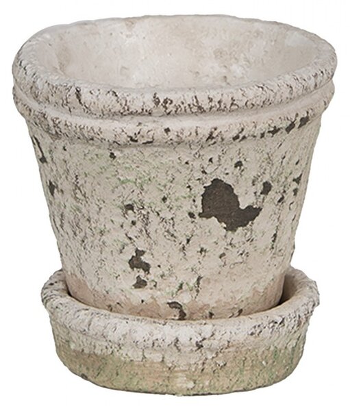 Béžový antik cementový kvetináč s miskou S - Ø 9*9 cm - Clayre & Eef