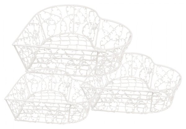 3ks biely drôtený kovový košík v tvare srdca - 25*25*7 / 20*20*6 / 15*15*6 cm - Clayre & Eef