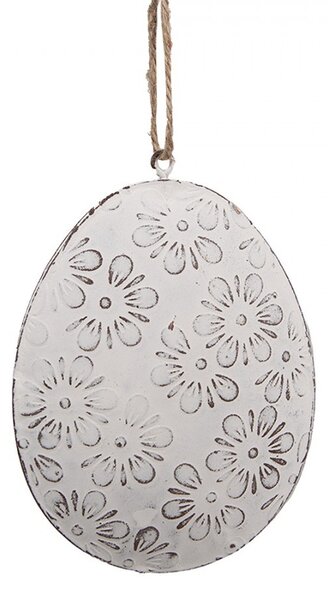 Biele antik plechové závesné vajíčko s kvietkami - 10*2*8 cm - Clayre & Eef