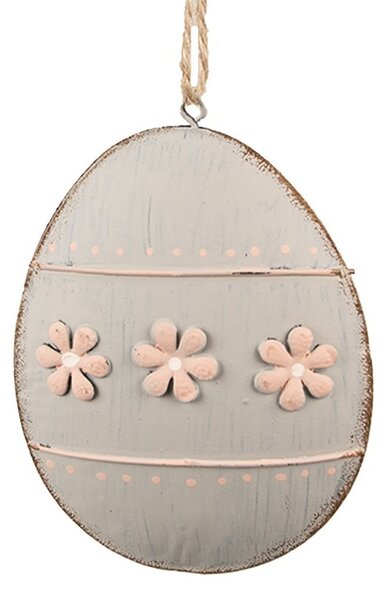 Šedé antik plechové závesné vajíčko s kvetmi - 10*2*8 cm - Clayre & Eef