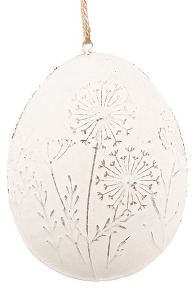 Biele antik plechové závesné vajíčko s kvietkami - 10*2*8 cm - Clayre & Eef