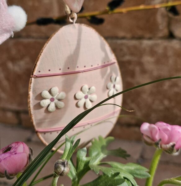 Šedé antik plechové závesné vajíčko s kvetmi - 10*2*8 cm - Clayre & Eef