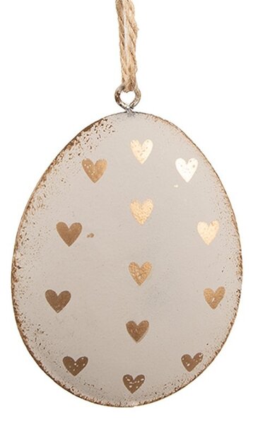 Biele antik plechové závesné vajíčko so zlatými srdiečkami - 8*1*6 cm - Clayre & Eef