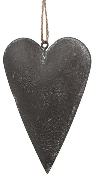 Šedé plechové ozdobné závesné srdce s kvetmi - 11*2*8 cm - Clayre & Eef