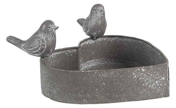 Šedý plechový kvetináč v tvare srdca s vtáčikmi - 14*12*7 cm - Clayre & Eef