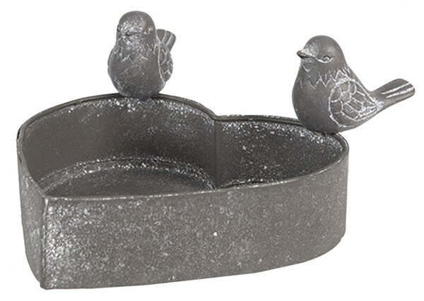 Šedý plechový kvetináč v tvare srdca s vtáčikmi - 14*12*7 cm - Clayre & Eef