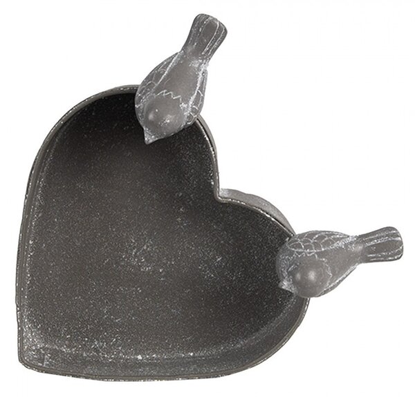Šedý plechový kvetináč v tvare srdca s vtáčikmi - 14*12*7 cm - Clayre & Eef