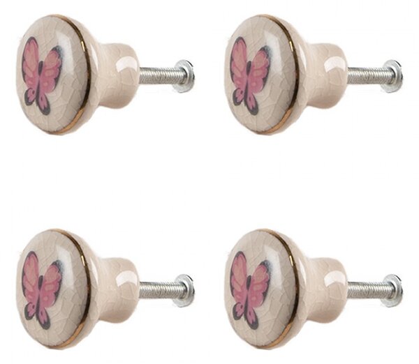 Set 4ks béžová keramická úchytka s motýlikmi - Ø 3 cm - Clayre & Eef