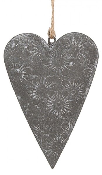 Šedé plechové ozdobné závesné srdce s kvetmi S - 11*2*8 cm - Clayre & Eef