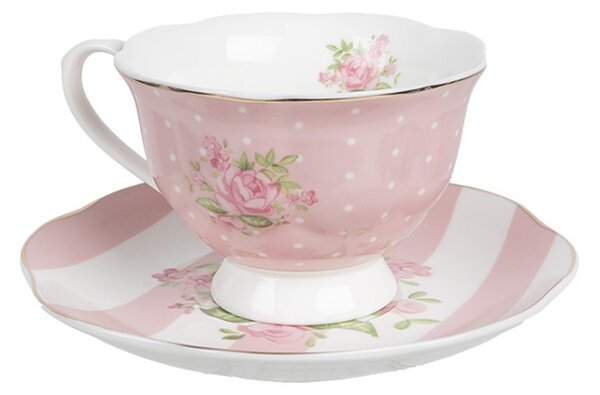 Bielo-ružová šálka a tanierikom s ružičkami Sweet Roses - 12*9*6 cm / Ø 14*2 cm / 200 ml - Clayre & Eef