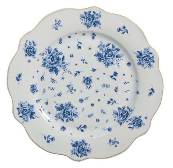 Biely dezertný tanier s modrými ružičkami Blue Rose Blooming - Ø 20*2 cm - Clayre & Eef